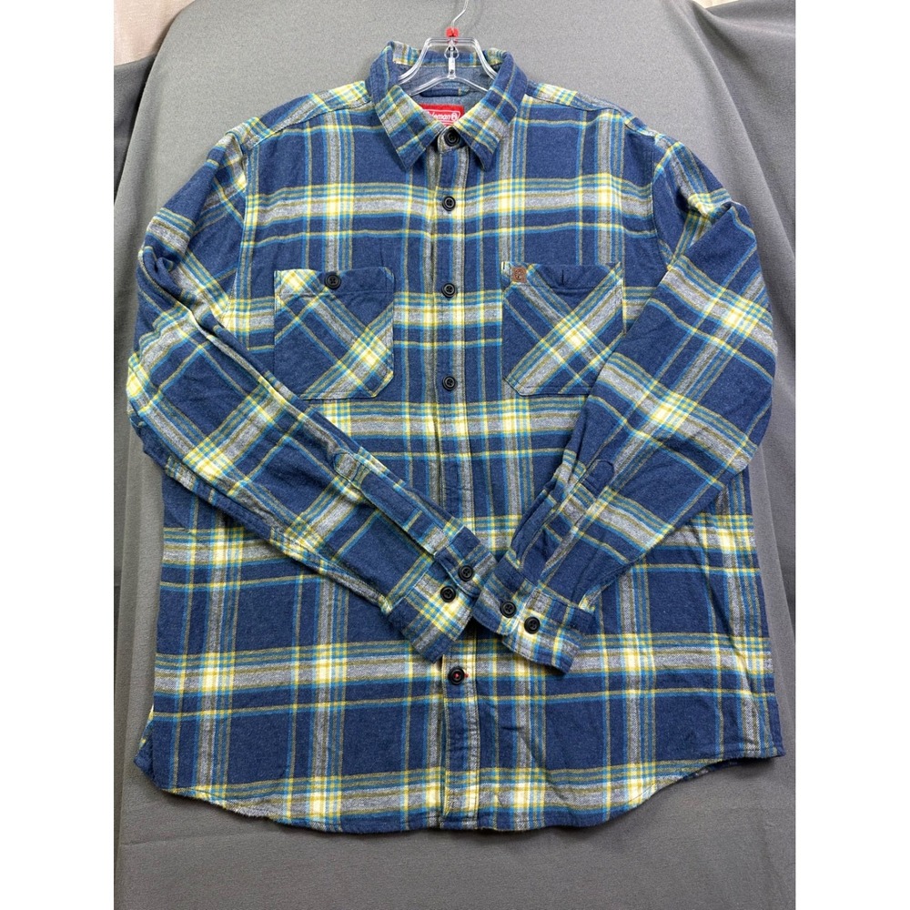 Coleman Mens XL Blue Yellow Plaid Flannel Button Down Long Sleeve Shirt Cotton